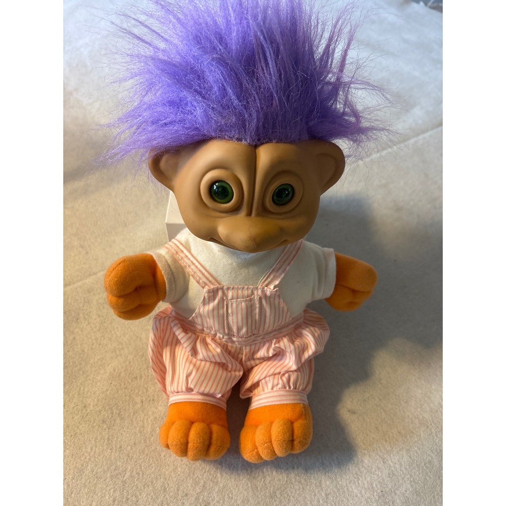1992 Soma Troll Doll Purple Hair Orange Overalls Plush Toy 90s Nostalgia